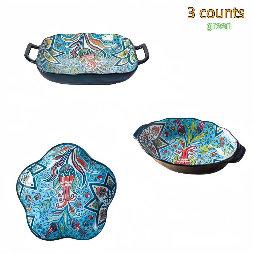 Bohemian Ceramic Plate Set – Double-Eared Fish Plates & High-Value Salad Dish for Home Dining and Cooking