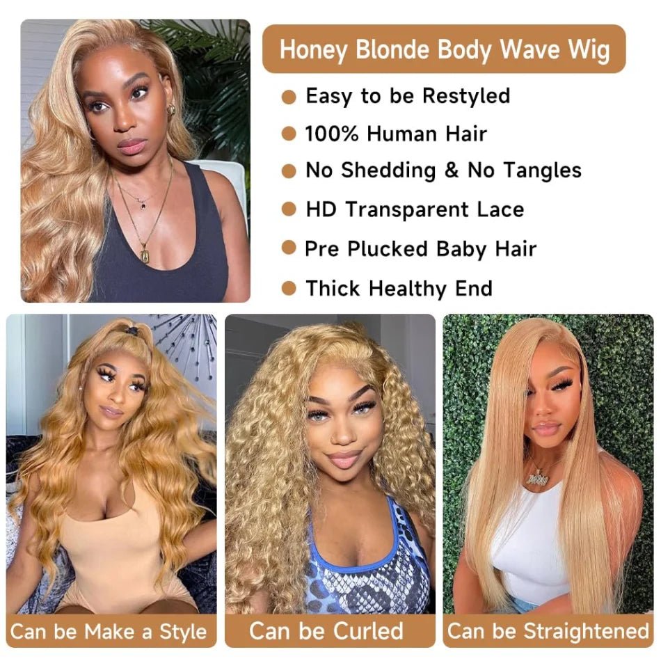 Honey Blonde 13x6 HD Lace Front Human Hair Wig – 250% Density Body Wave Brazilian Remy