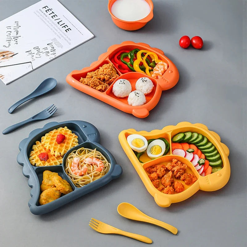Dinosaur Baby Tableware Set – Large 3-Compartment Plate with Spoon & Fork for Balanced Meals