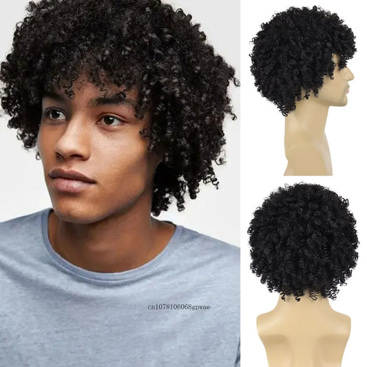 Natural Black Bouncy Curly Hair Synthetic Wigs for Men Short Afro Kinky Curly Wig with Bangs Male Wigs Cosplay Halloween Party