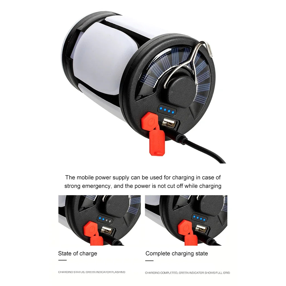 Rechargeable LED Camping Lantern with Solar & USB Power | Portable Folding Tent Light for Hiking, Fishing & Outdoor Use