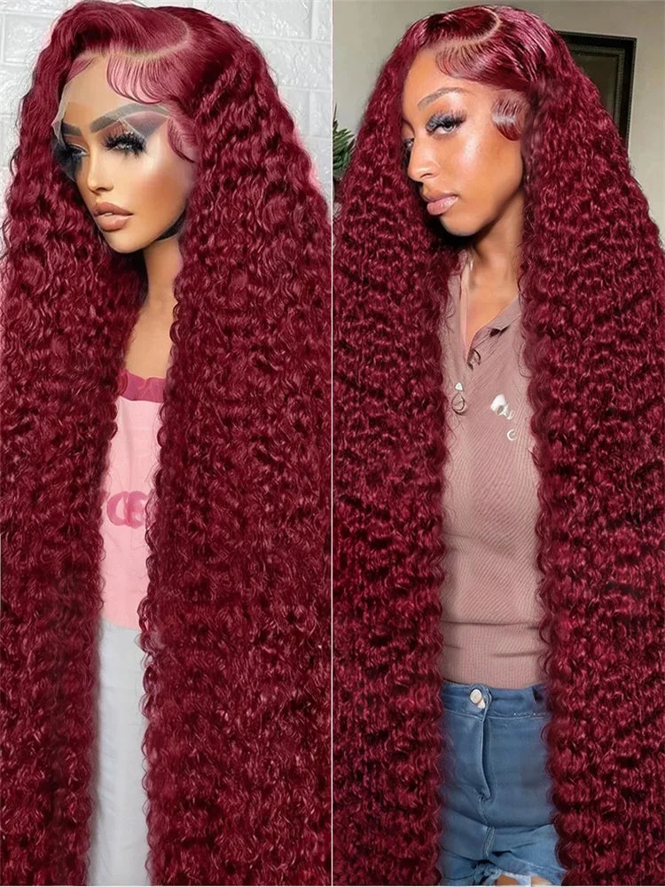 99J Burgundy Deep Wave HD Lace Front Human Hair Wig (13x6 / 13x4, Brazilian Remy, 30–40”)