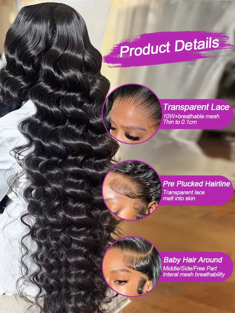 13x6 HD Transparent Loose Deep Wave Lace Front Human Hair Wig (200% Density, 30–34 inch)