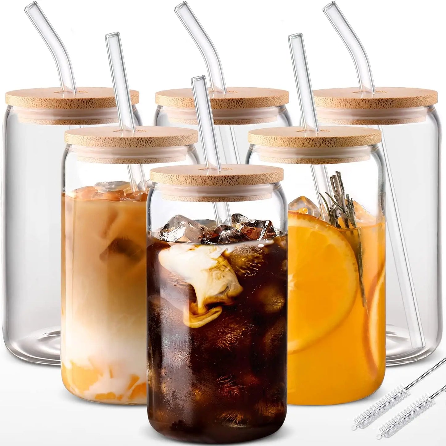 550ml Glass Cup with Bamboo Lid & Straw – Mason Jar Iced Coffee Set (4/6pcs)