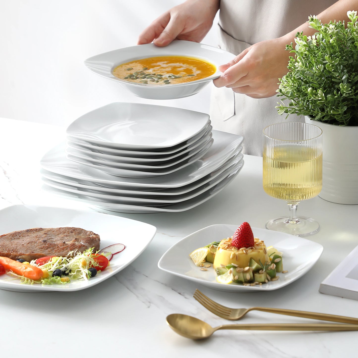 MALACASA JULIA 18-Piece Porcelain Dinnerware Set | 6-Person Modern White Ceramic Plates – Dinner, Soup & Dessert Set