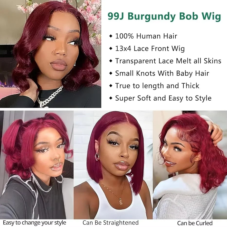 Brazilian 230% 99J Bouncy Curly Bob 13x4 HD Lace99J Burgundy Curly Bob 13x4 HD Lace Front Human Hair Wig (230% Density) Front Human Hair Wigs 99J Burgundy Body Wave Bob Wig Short Curly Human Hair Wig