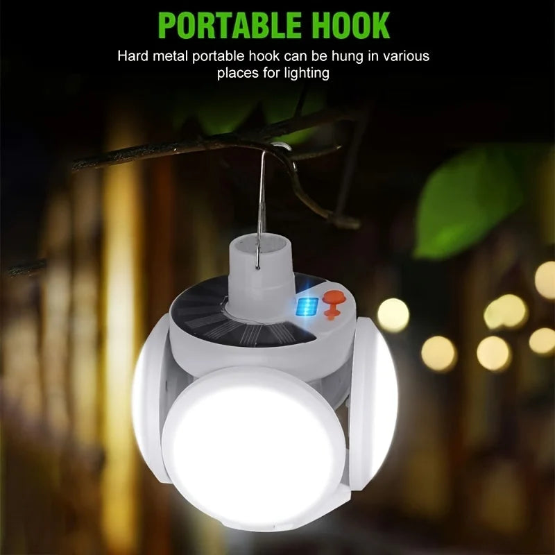 Rechargeable LED Camping Lantern with Solar & USB Power | Portable Folding Tent Light for Hiking, Fishing & Outdoor Use