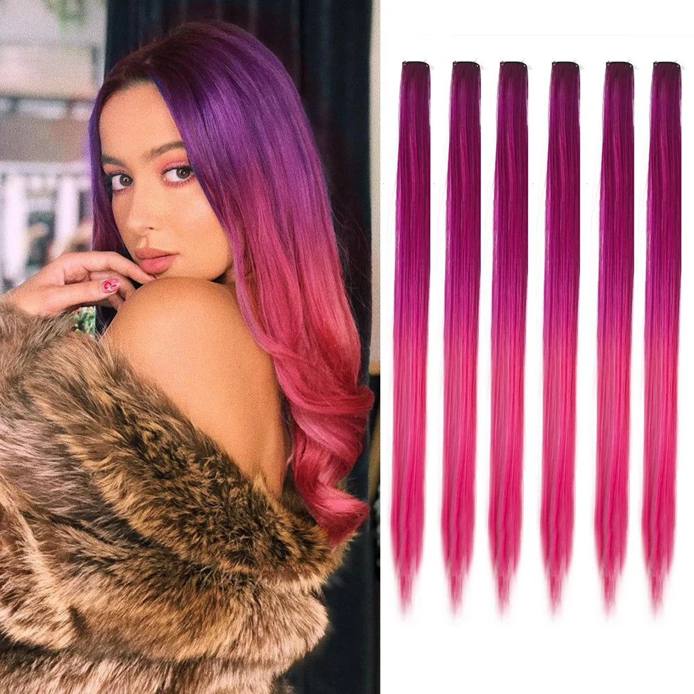 Colored Party Highlight Clip-In Hair Extensions | Synthetic Straight | 6pcs 70g | 22 Inch | Multi-Color