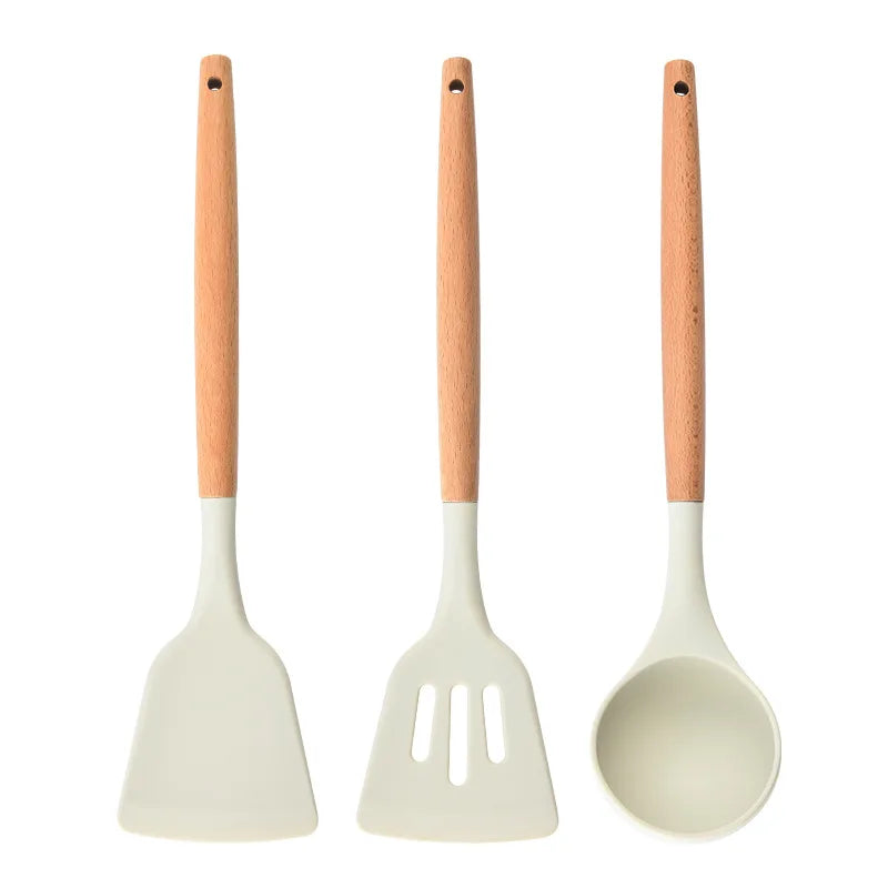 Silicone Kitchen Utensil Set with Wooden Handle – Nonstick Cooking Tools