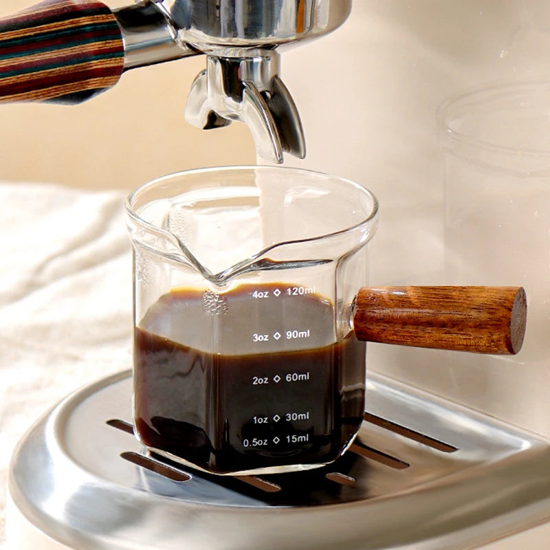 120ml Heat-Resistant Glass Espresso Measuring Cup with Wooden Handle