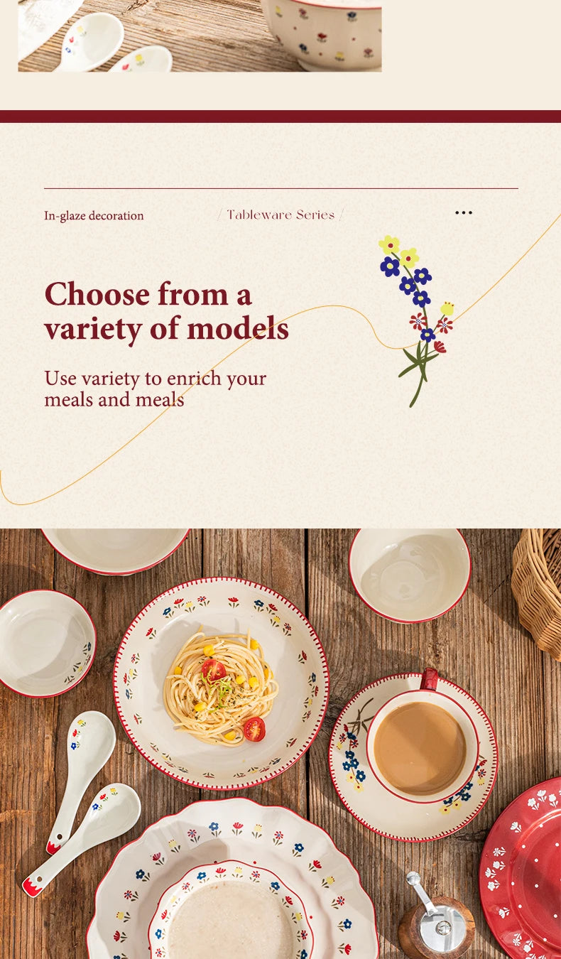 Vintage Floral Ceramic Dinnerware Set – Retro Soup Bowls, Salad & Pasta Plates, Microwave Safe Porcelain Tableware