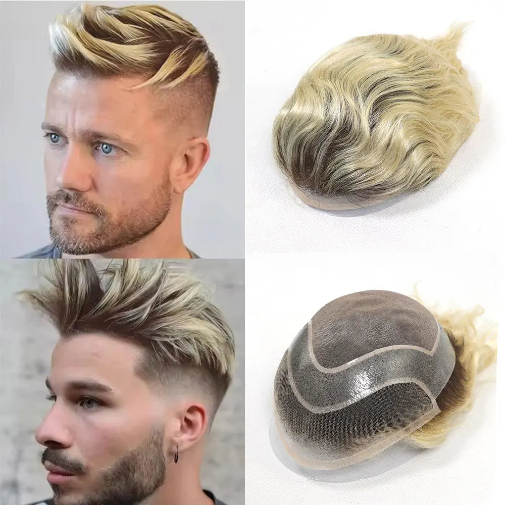 Men's Blonde Human Hair Toupee – Straight, Lace & PU Base, 8x10
