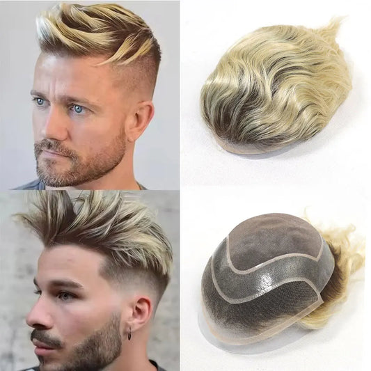 Men's Blonde Human Hair Toupee – Straight, Lace & PU Base, 8x10