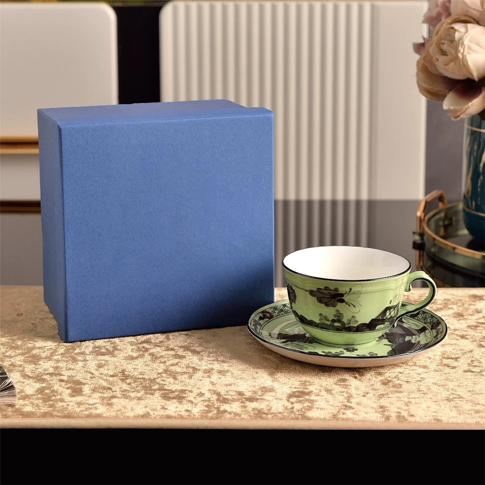 Ceramic Afternoon Tea Set – Printed Porcelain Cup, Saucer, Tray, Milk Pot & High Foot Plate