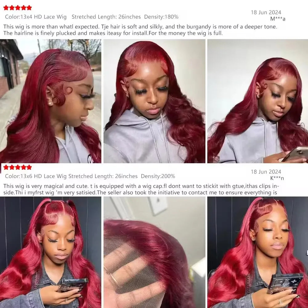 99J Burgundy Body Wave Lace Front Human Hair Wig – 200% Density, 13x4 / 13x6 HD Transparent Lace