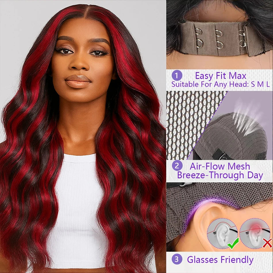 30" 1B/99J Burgundy Highlight Body Wave 5x5 Glueless Lace Front Wig – Brazilian Remy Human Hair