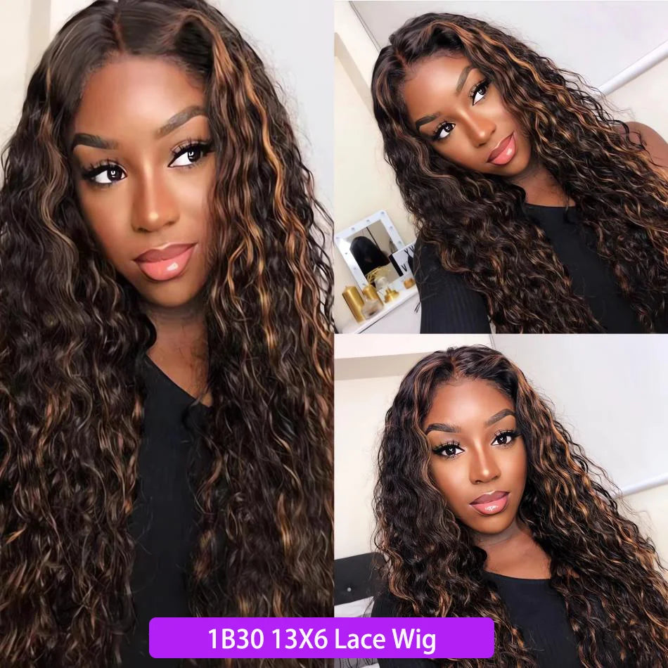 Highlight Curly 13x6 HD Lace Frontal Wig – P4/27 & 1B30 Ombre Deep Wave Human Hair (30–36 inch)