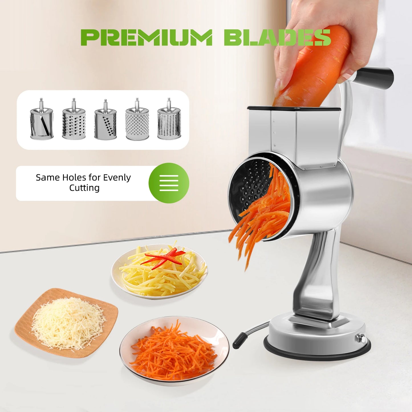 Manual Rotary Grater – 5-in-1 Stainless Steel Vegetable & Cheese Slicer Grinder