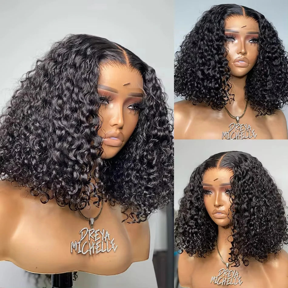 Deep Wave Bob Human Hair Wig 13x4 Invisible Transparent Lace Front (200% Density, #1B Natural Black)