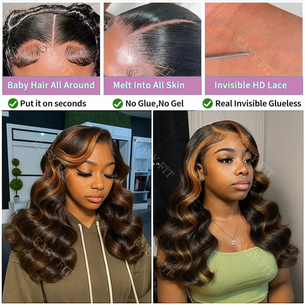 1B/30 Highlight Ombre Short Bob Wig – 13x4 HD Transparent Lace Frontal, Human Hair, Body Wave, 16 Inch