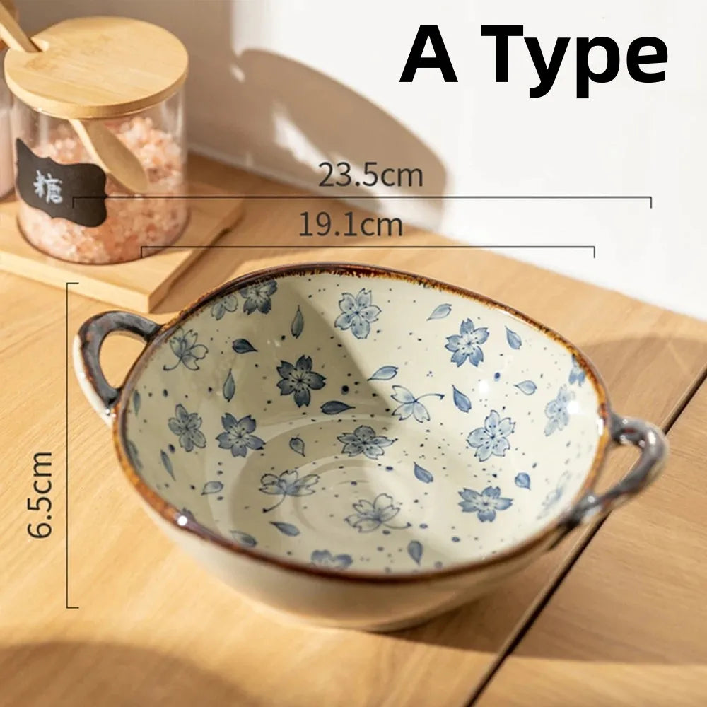 Japanese Ceramic Noodle Bowl with Handle – Microwave Safe Salad & Pasta Bowl