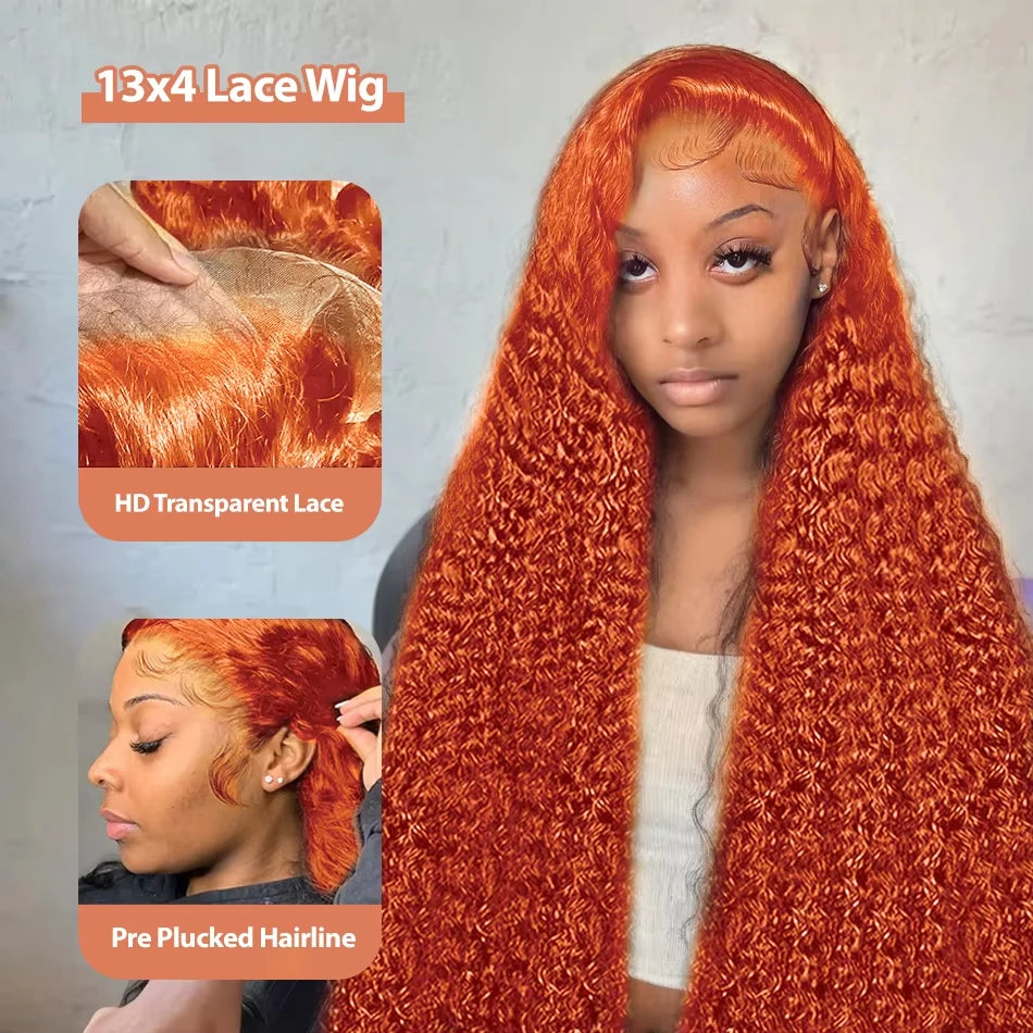 Orange Ginger Water Wave HD Lace Front Human Hair Wig | Transparent Lace 13x6 / 13x4 Pre-Plucked (30 Inch)