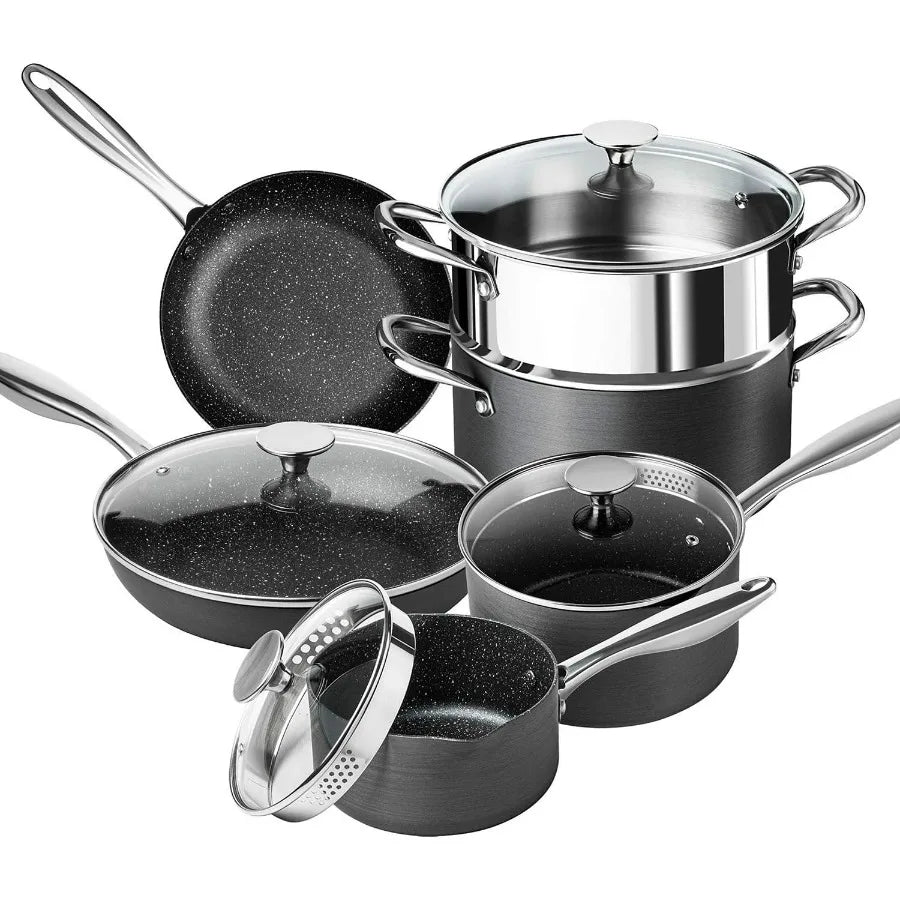 Hard Anodized 10-Piece Cookware Set – Nonstick Granite Pots & Pans with Steamer