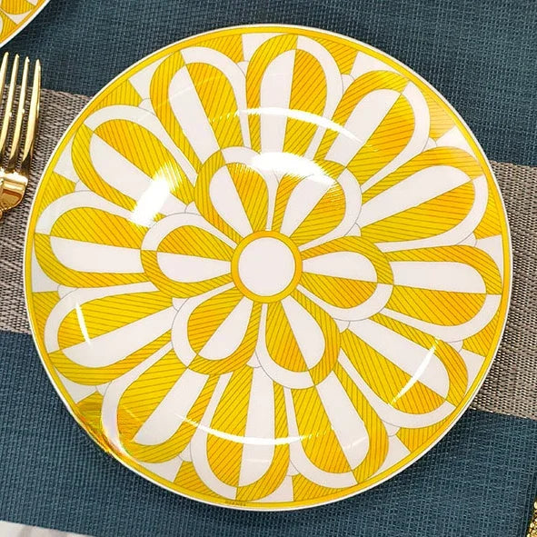 European Style Bone China Tableware Set – Sunshine Geometric Steak Plate & Cup Gift Set for Elegant Dining