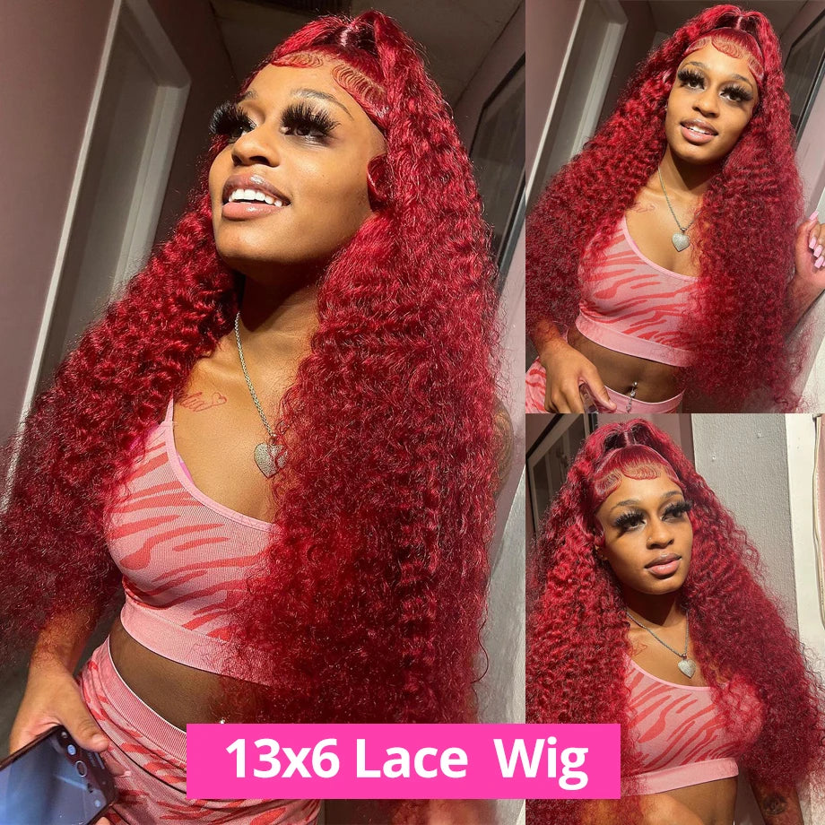 99J Burgundy Deep Wave HD Lace Front Human Hair Wig (13x6 / 13x4, Brazilian Remy, 30”)
