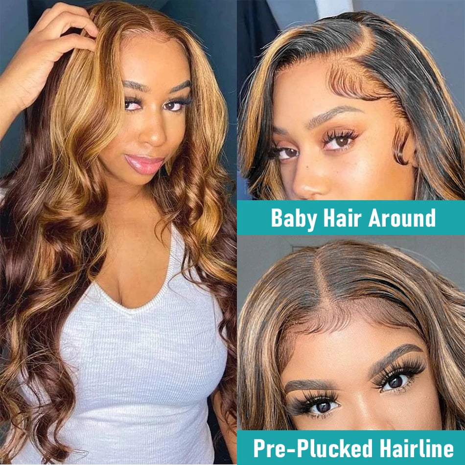Honey Blonde Highlight Body Wave Wig – 13x6 HD Lace Frontal & 4x4/5x5 Closure, 100% Brazilian Human Hair (26"+)