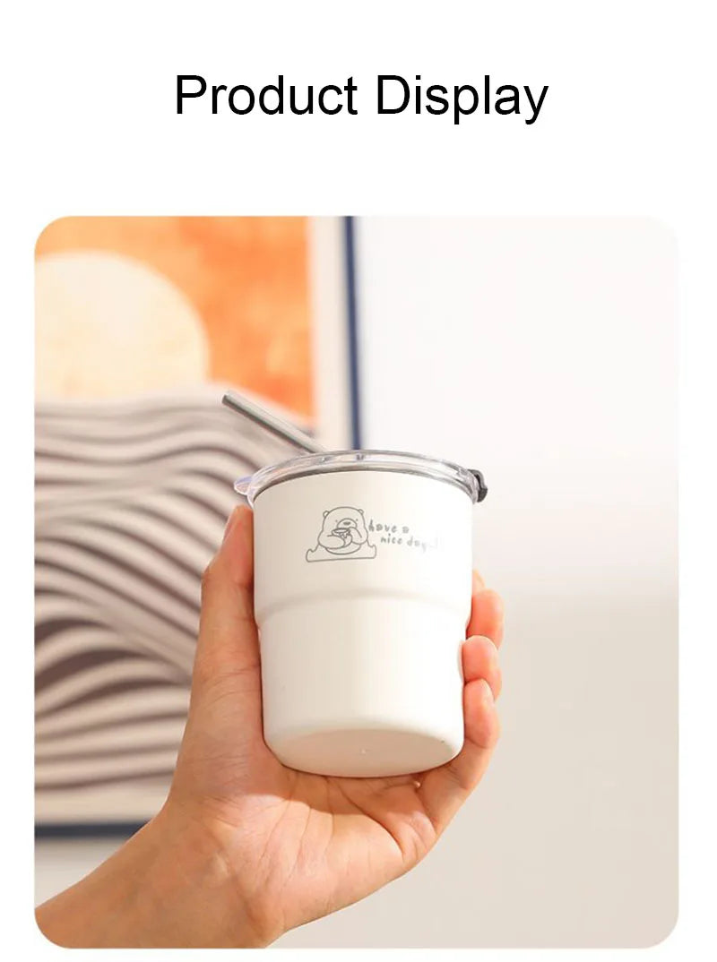 300ml Stainless Steel Tumbler with Straw & Lid – Portable Coffee Travel Mug