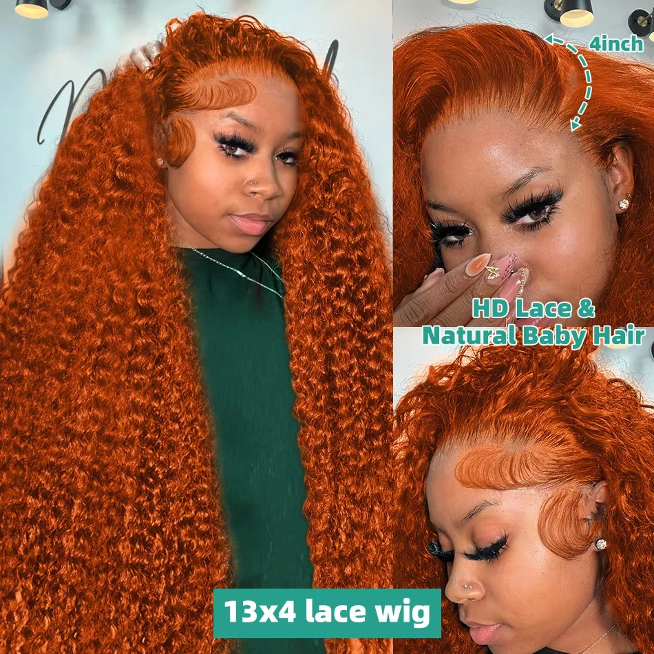 Orange Ginger Water Wave HD Lace Front Human Hair Wig | Transparent Lace 13x6 / 13x4 Pre-Plucked (30 Inch)
