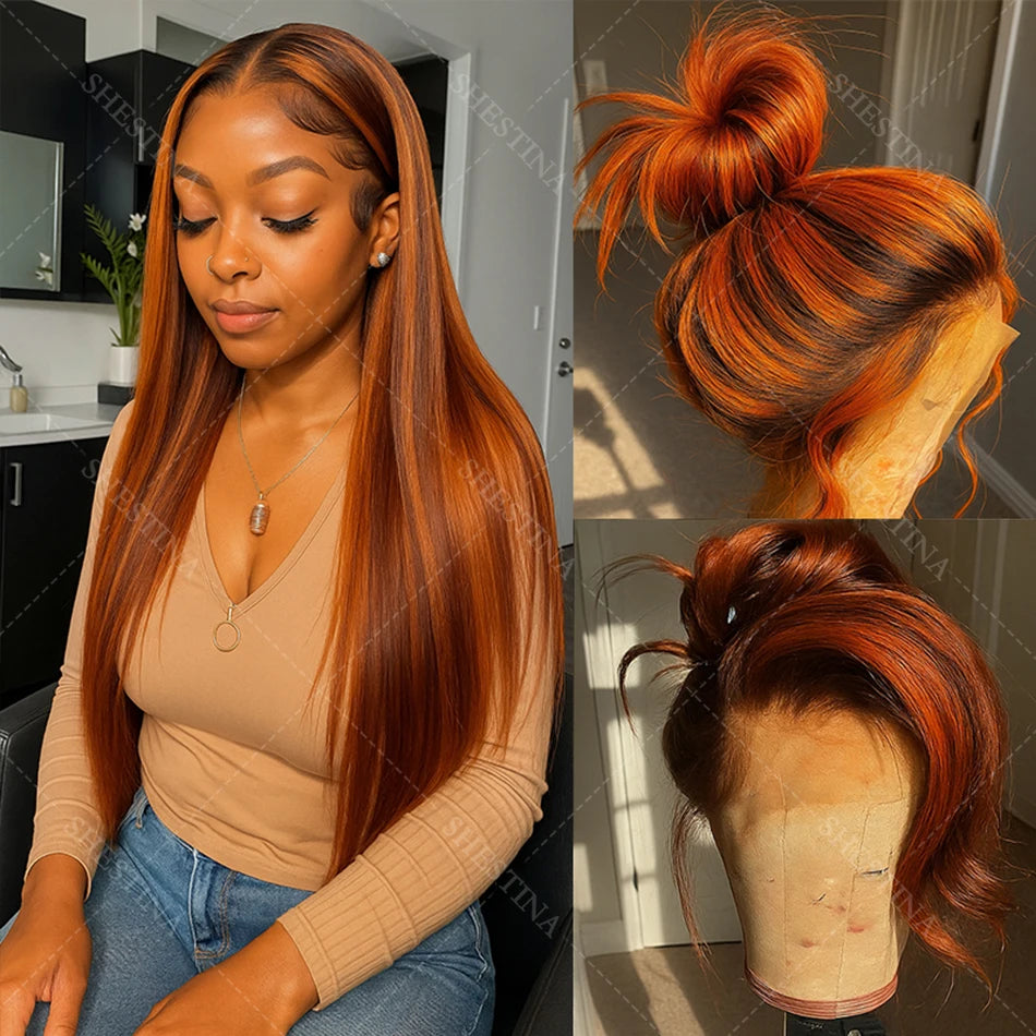 Brown Ginger Highlight Straight Wig – 5x5 Glueless & 13x4 HD Lace Front Human Hair