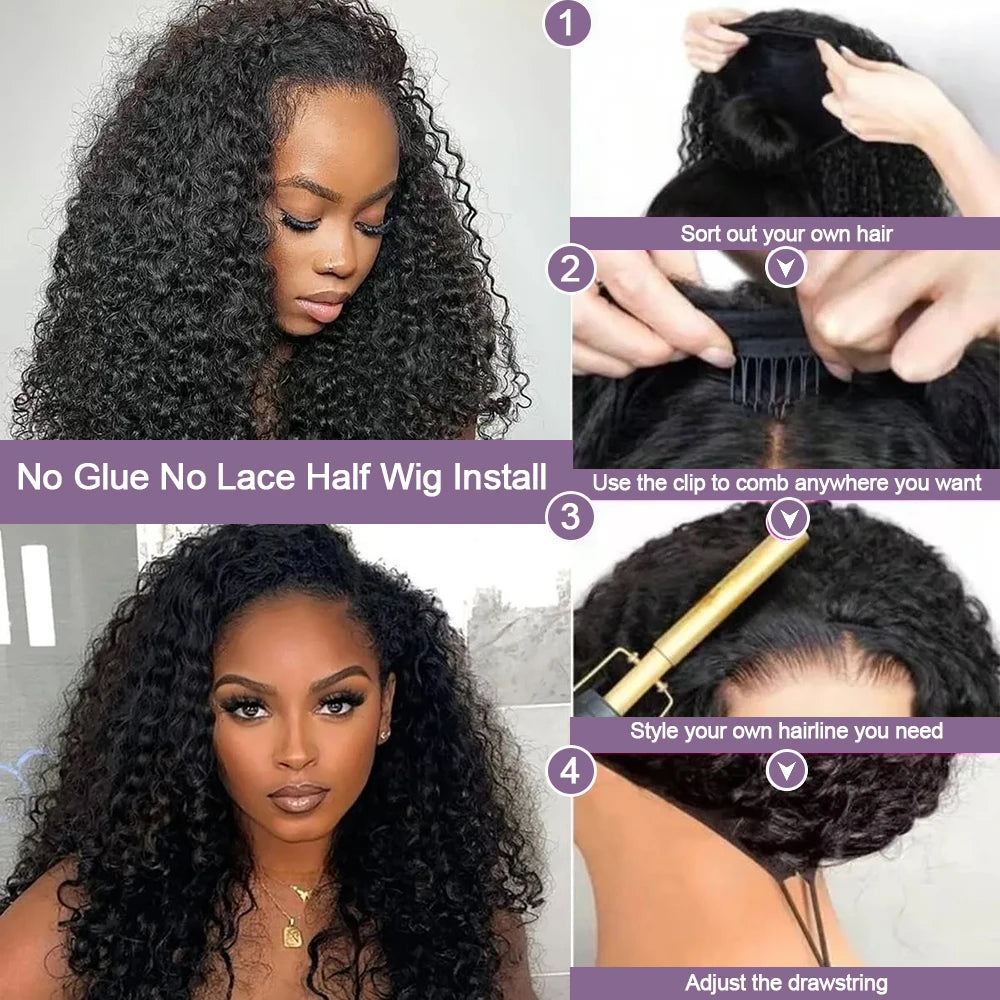 3-in-1 Drawstring Glueless Half Wig (Flip-Over Part) | 100% Remy Human Hair | Deep Wave Water Curly 18–24"
