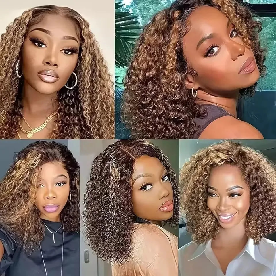 Deep Wave Short Bob Honey Blonde Highlight HD Lace Front Human Hair Wig (13x4)