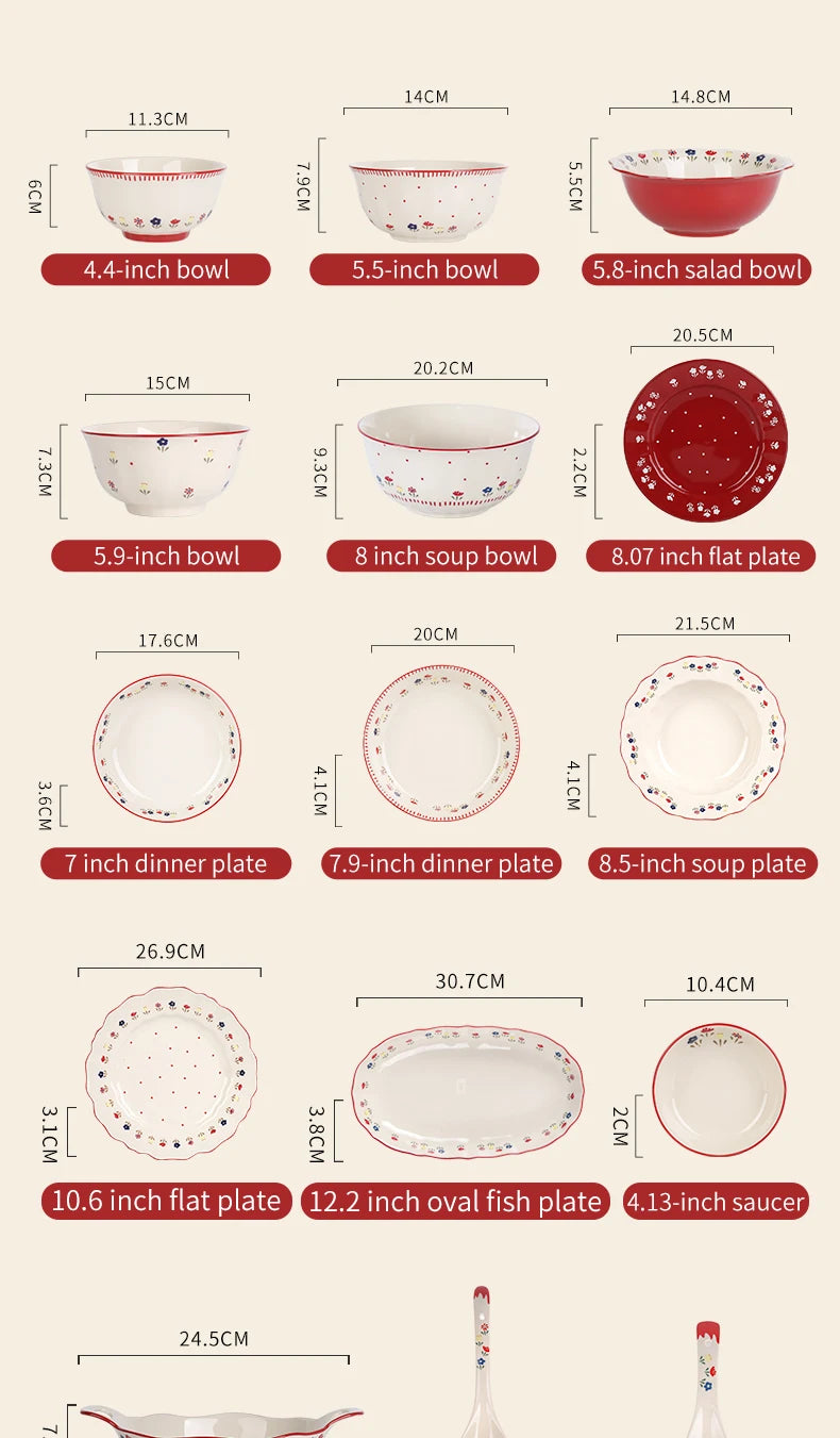 Vintage Floral Ceramic Dinnerware Set – Retro Soup Bowls, Salad & Pasta Plates, Microwave Safe Porcelain Tableware