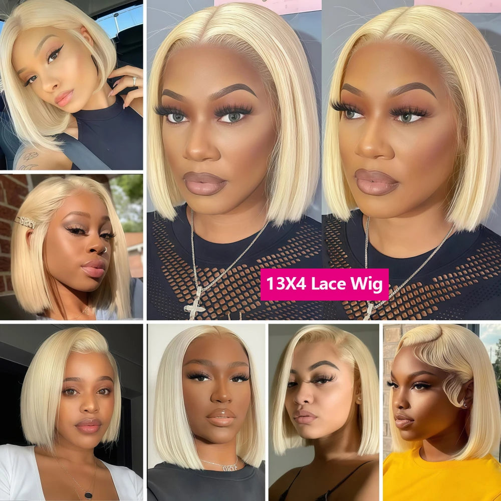 613 Blonde Short Bob Wig – 13x4 Lace Front Human Hair, Pre-Plucked, 180% Density