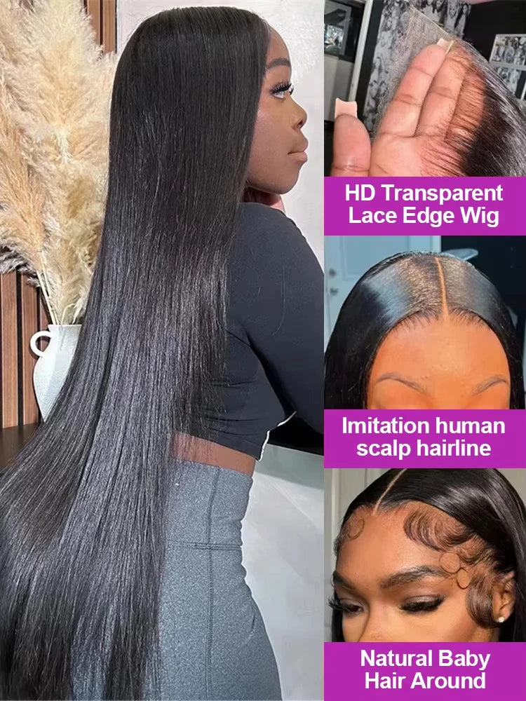 40 Inch Straight Brazilian Virgin Human Hair Wig (13x6/13x4 HD Transparent Lace Front, 200% Density)