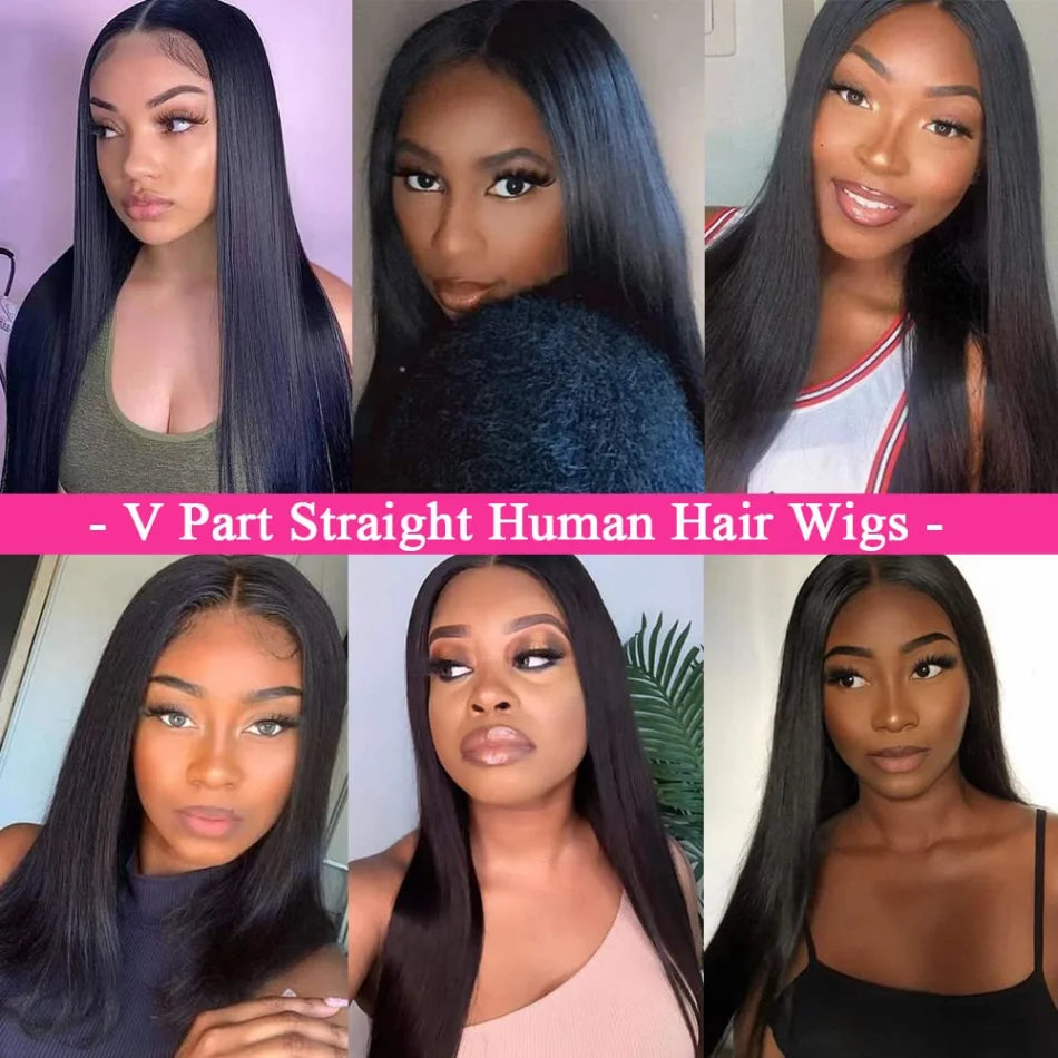 Glueless V Part Straight Human Hair Wig (220% Density, Natural Black, Beginner Friendly, No Leave Out)