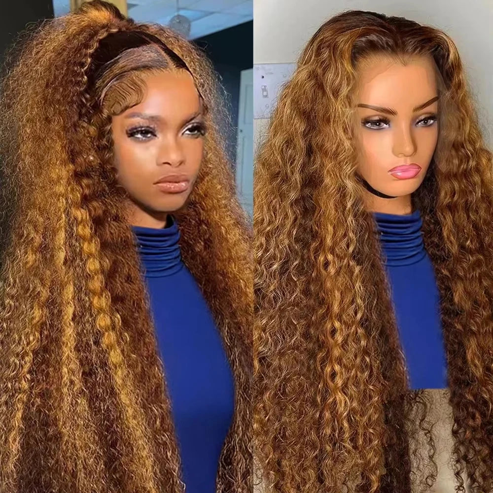 4/27 Honey Blonde Ombre Curly Human Hair Wig (38 Inch, 13x6 HD Lace Front / 13x4 Deep Wave)