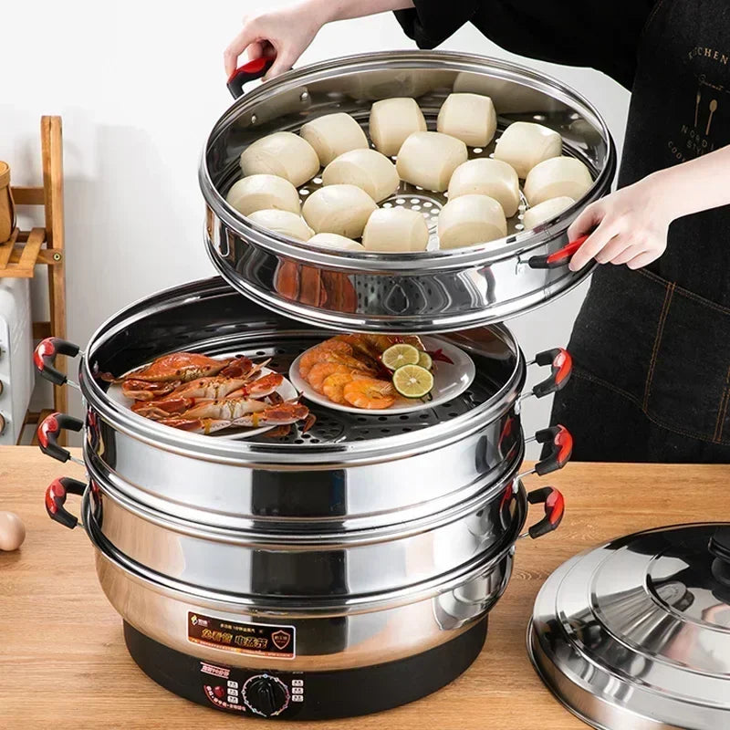 Commercial Stainless Steel Electric Steamer – Large Capacity 3-Tier Cooker