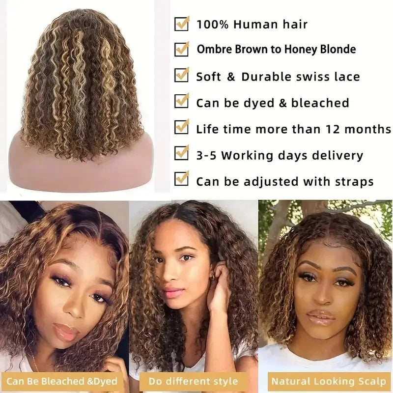 4/27 Ombre Curly Bob Human Hair Wig · 13x4 Transparent Lace Front · Short 4–16 Inch