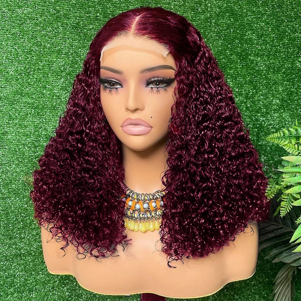 99J Burgundy Water Wave Bob 13x4 Transparent Lace Front Remy Brazilian Human Hair Wig (Short)