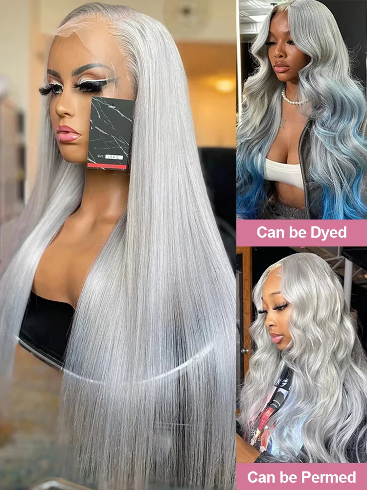 40” Silver Grey Straight HD Lace Front Human Hair Wig (13x6 / 13x4, Brazilian Remy, Pre-Plucked)