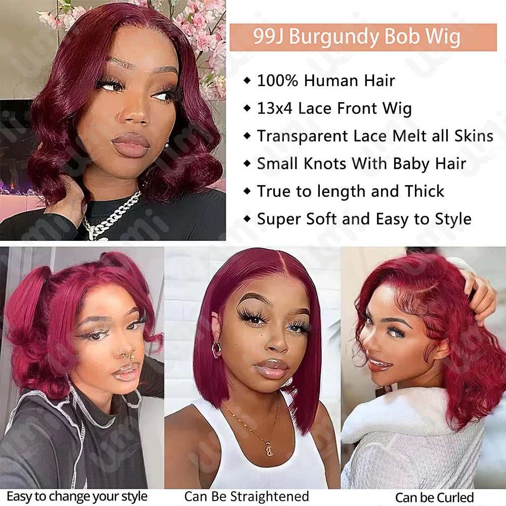 13x4 HD Lace Front Burgundy 99J Body Wave Human Hair Bob Wig – Pre-Plucked