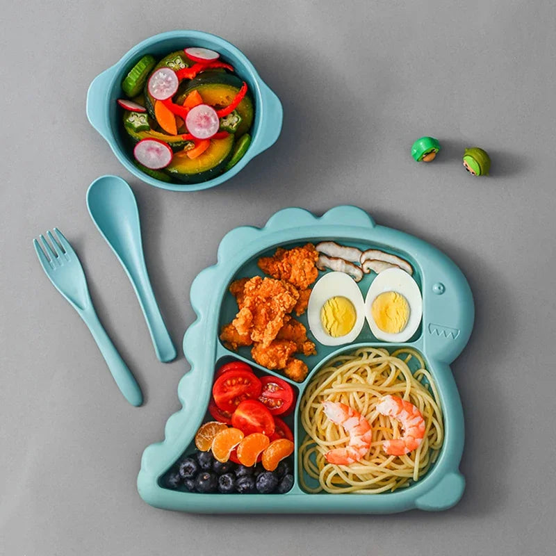 Dinosaur Baby Tableware Set – Large 3-Compartment Plate with Spoon & Fork for Balanced Meals