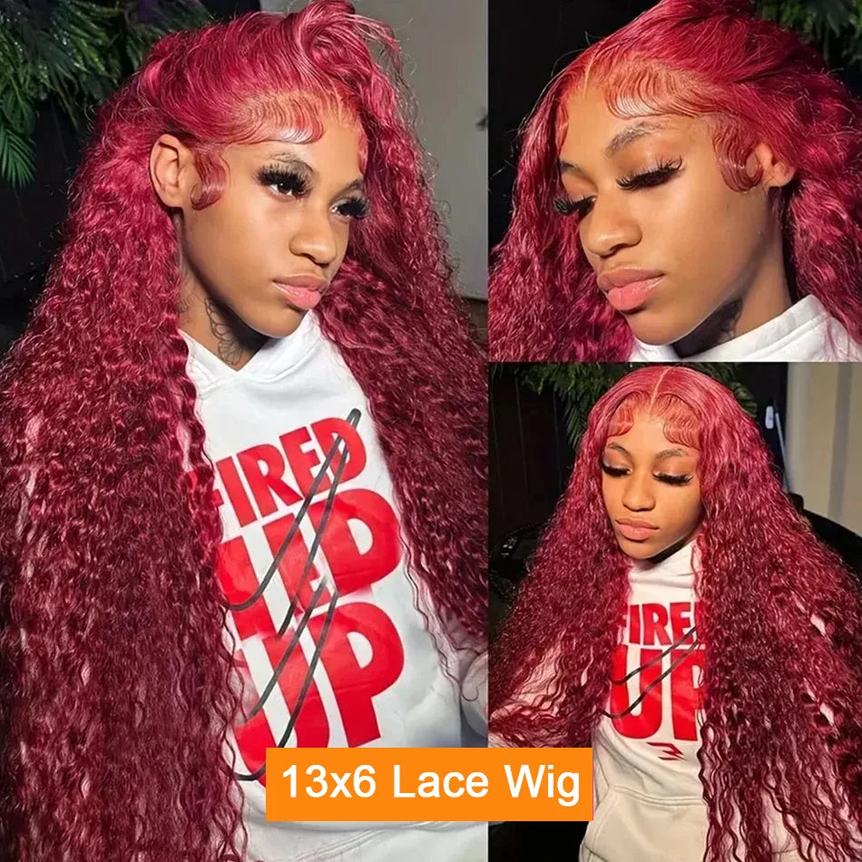 99J Burgundy Deep Wave HD Lace Front Human Hair Wig (13x6 / 13x4, Brazilian Remy, 30–40”)