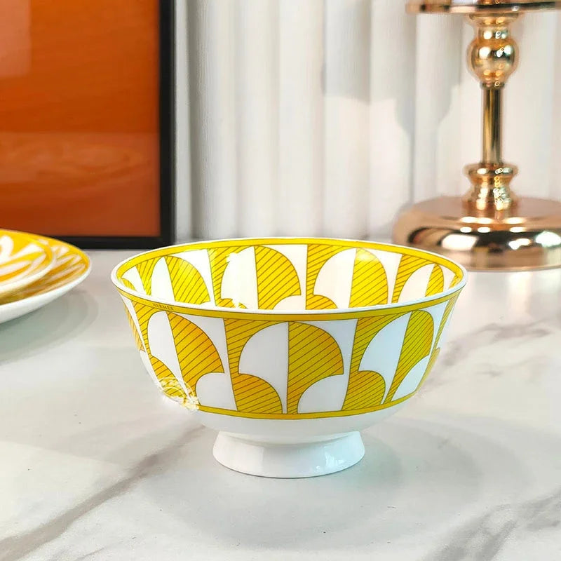 European Style Bone China Tableware Set – Sunshine Geometric Steak Plate & Cup Gift Set for Elegant Dining