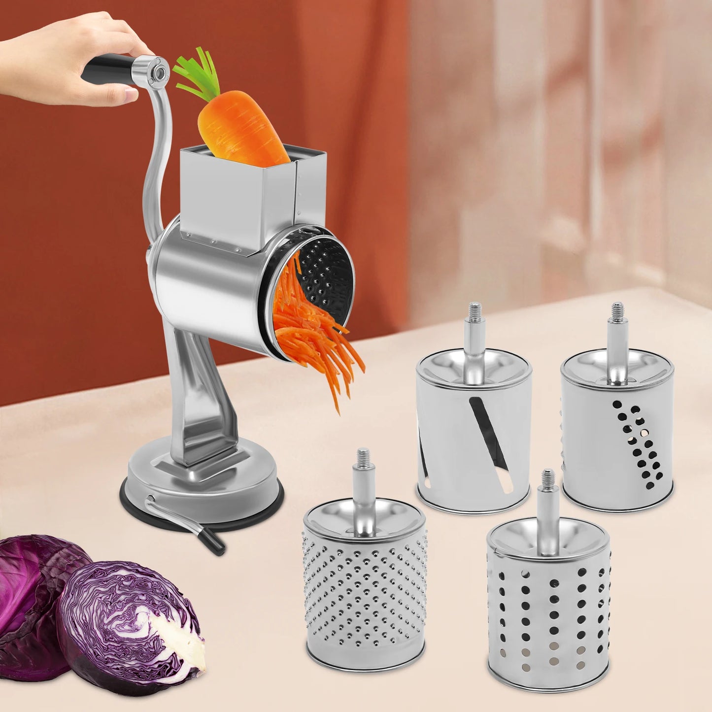 Manual Rotary Grater – 5-in-1 Stainless Steel Vegetable & Cheese Slicer Grinder