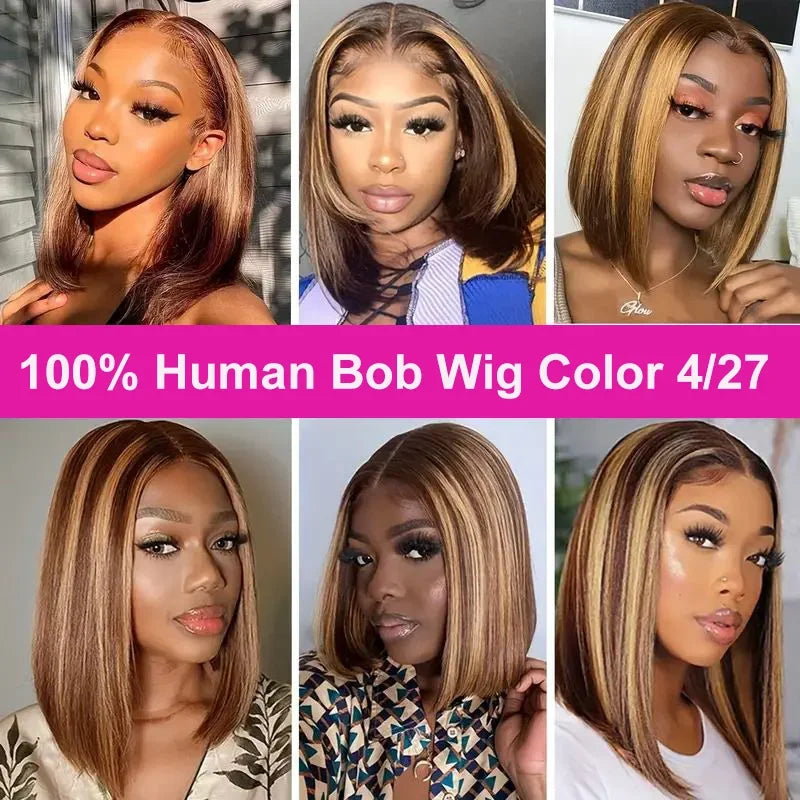 4/27 Ombre Highlight Straight Bob Human Hair Wig 13x4 Transparent Lace Front (Remy, Pre-Plucked)